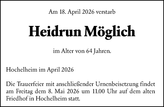 Traueranzeige von Heidrun Möglich von Wetzlarer Neue Zeitung