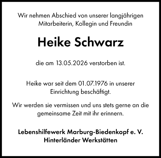 Traueranzeige von Heike Schwarz von Hinterländer Anzeiger