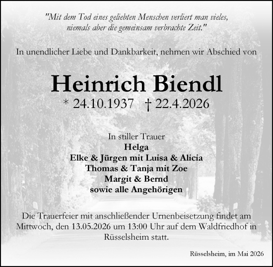 Traueranzeige von Heinrich Biendl von Rüsselsheimer Echo
