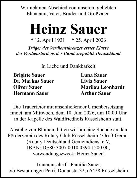 Traueranzeige von Heinz Sauer von Rüsselsheimer Echo