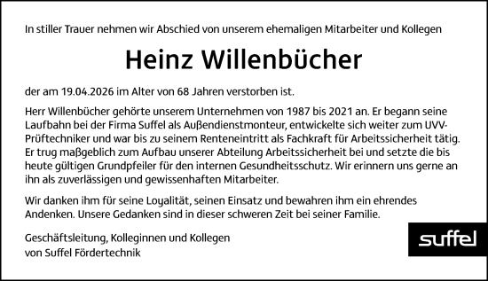 Traueranzeige von Heinz Willenbücher von Odenwälder Echo