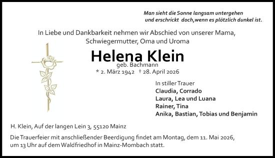Traueranzeige von Helena Klein von Allgemeine Zeitung Mainz