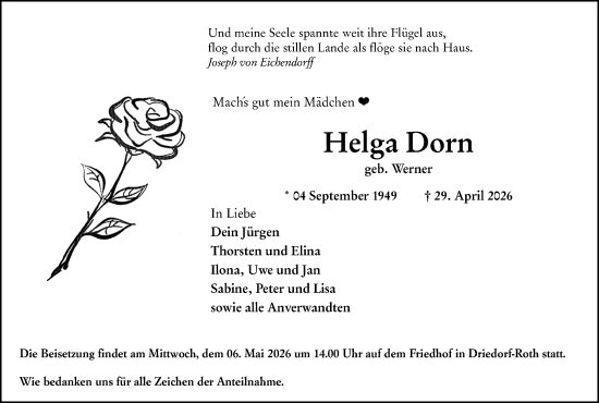 Traueranzeige von Helga Dorn von Dill Block