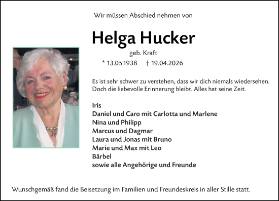Traueranzeige von Helga Hucker von Wormser Zeitung