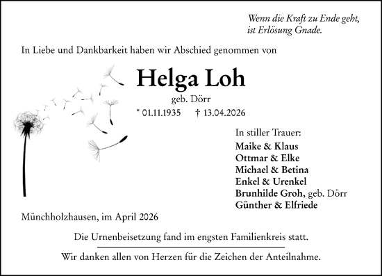 Traueranzeige von Helga Loh von Wetzlarer Neue Zeitung