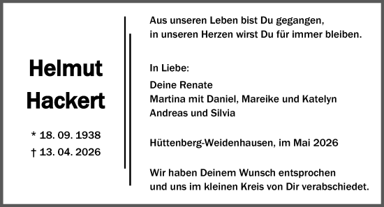 Traueranzeige von Helmut Hackert von Wetzlarer Neue Zeitung