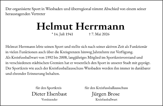 Traueranzeige von Helmut Herrmann von Wiesbadener Kurier