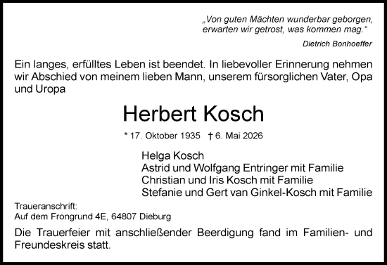 Traueranzeige von Herbert Kosch von Dieburger Anzeiger/Groß-Zimmerner Lokal-Anzeiger