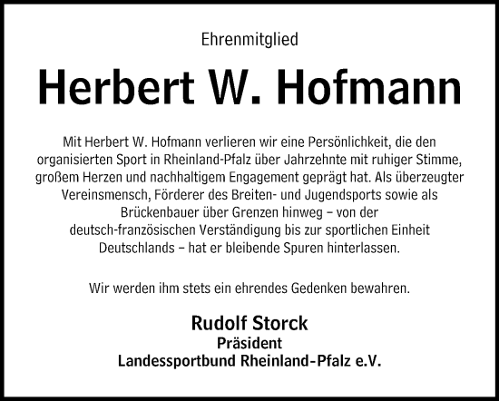 Traueranzeige von Herbert W. Hofmann von Allgemeine Zeitung Rheinhessen-Nahe