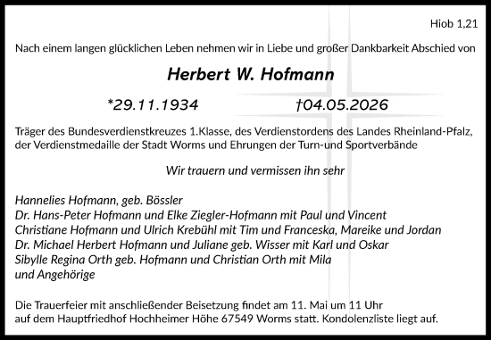 Traueranzeige von Herbert W. Hofmann von Wormser Zeitung