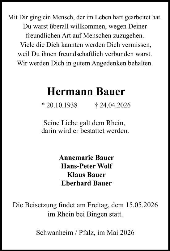 Traueranzeige von Hermann Bauer von Allgemeine Zeitung Rheinhessen-Nahe