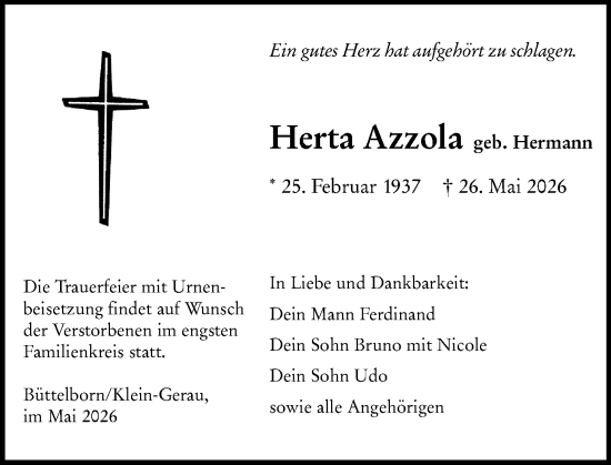 Traueranzeige von Herta Azzola von Rüsselsheimer Echo