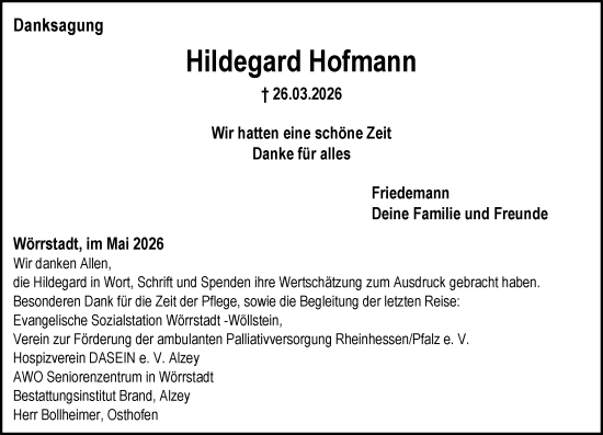 Traueranzeige von Hildegard Hofmann von Allgemeine Zeitung Alzey