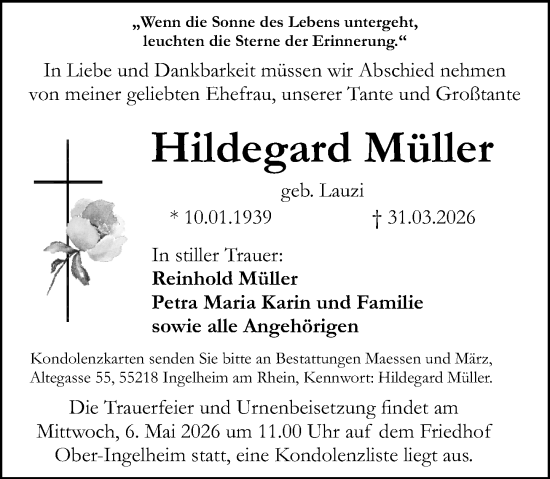 Traueranzeige von Hildegard Müller von Allgemeine Zeitung Rheinhessen-Nahe