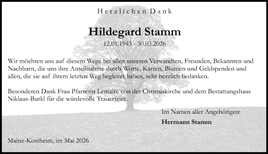 Traueranzeige von Hildegard Stamm von Allgemeine Zeitung Mainz