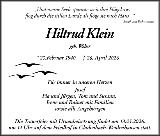 Traueranzeige von Hiltrud Klein von Hinterländer Anzeiger