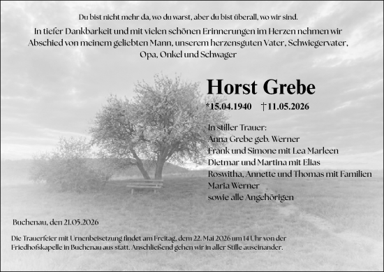 Traueranzeige von Horst Grebe von Hinterländer Anzeiger