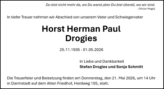 Traueranzeige von Horst Herman Paul Drogies von Darmstädter Echo