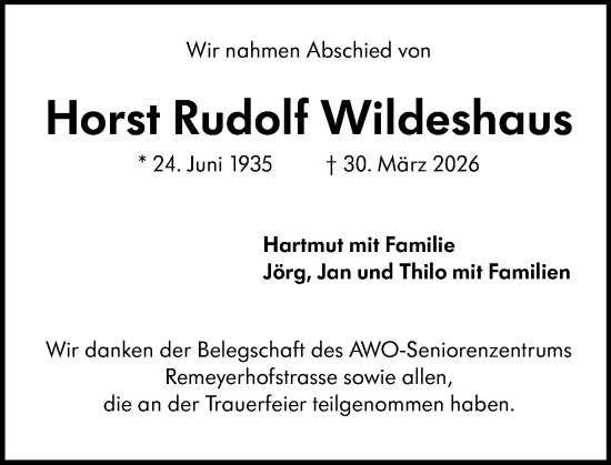 Traueranzeige von Horst Rudolf Wildeshaus von Wormser Zeitung