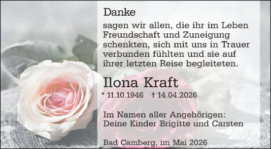 Traueranzeige von Ilona Kraft von Camberger Anzeiger
