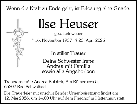 Traueranzeige von Ilse Heuser von Wiesbadener Kurier