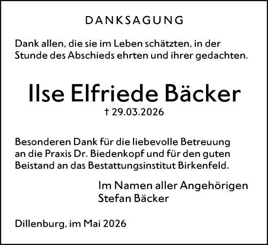 Traueranzeige von Ilse Elfriede Bäcker von Dill Block