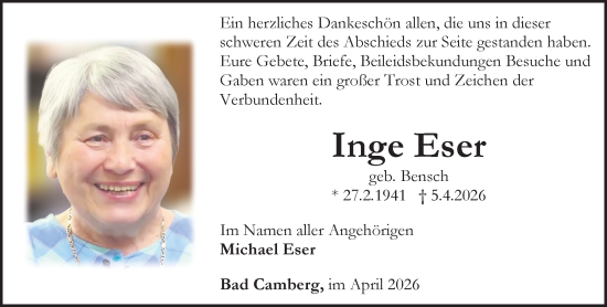 Traueranzeige von Inge Eser von Camberger Anzeiger