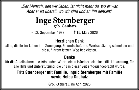 Traueranzeige von Inge Sternberger von Darmstädter Echo