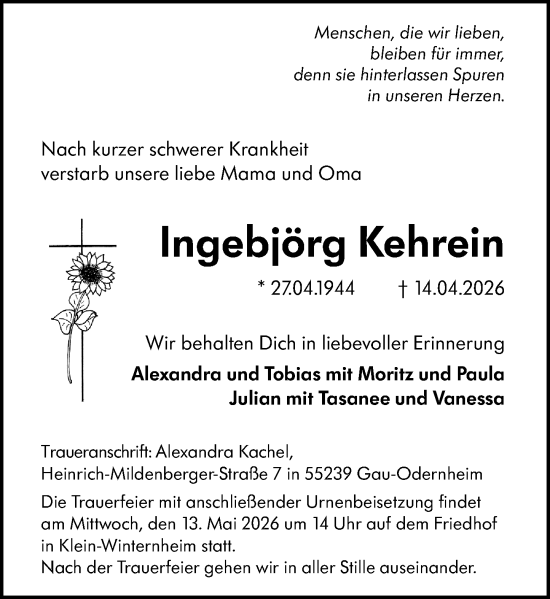 Traueranzeige von Ingebjörg Kehrein von Allgemeine Zeitung Mainz