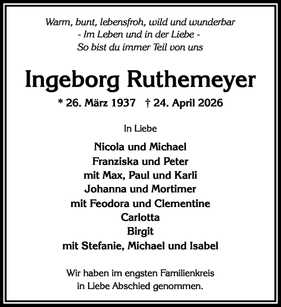 Traueranzeige von Ingeborg Ruthemeyer von Wiesbadener Kurier