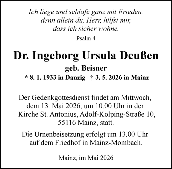 Traueranzeige von Ingeborg Ursula Deußen von Allgemeine Zeitung Mainz