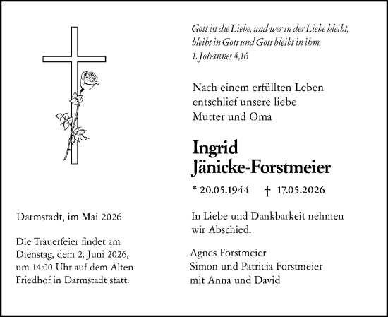 Traueranzeige von Ingrid Jänicke-Forstmeier von Darmstädter Echo