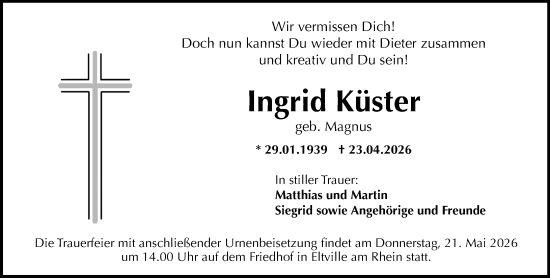 Traueranzeige von Ingrid Küster von Wiesbadener Kurier