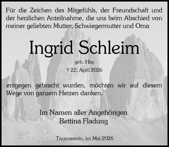 Traueranzeige von Ingrid Schleim von Rheingau-Taunus-Kreis Wochenblatt