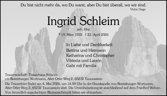 Traueranzeige von Ingrid Schleim von Rheingau-Taunus-Kreis Wochenblatt