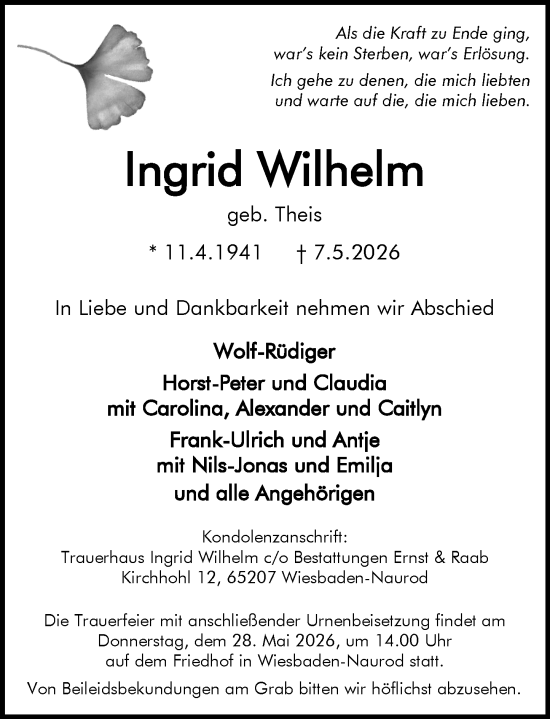Traueranzeige von Ingrid Wilhelm von Wiesbadener Kurier