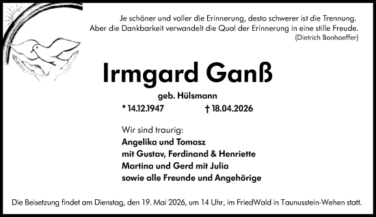 Traueranzeige von Irmgard Ganß von Idsteiner Land/Untertaunus