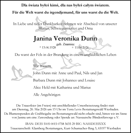 Traueranzeige von Janina Veronika Dunn von Wiesbadener Kurier