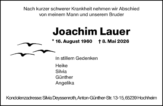 Traueranzeige von Joachim Lauer von Hochheimer Zeitung