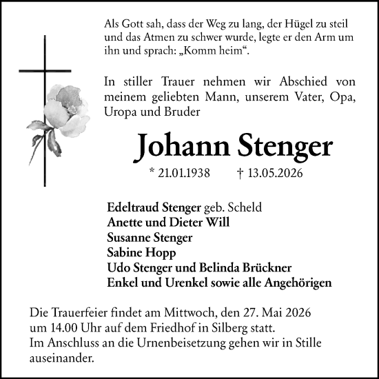 Traueranzeige von Johann Stenger von Hinterländer Anzeiger