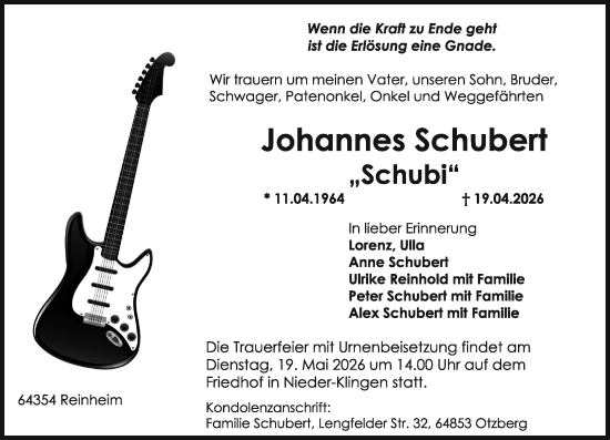 Traueranzeige von Johannes Schubert von Darmstädter Echo