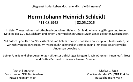 Traueranzeige von Johann Heinrich Schleidt von Rüsselsheimer Echo