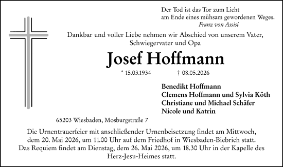 Traueranzeige von Josef Hoffmann von Wiesbadener Kurier