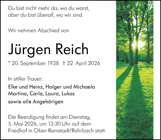 Traueranzeige von Jürgen Reich von Darmstädter Echo