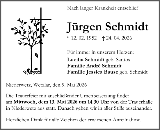 Traueranzeige von Jürgen Schmidt von Wetzlarer Neue Zeitung