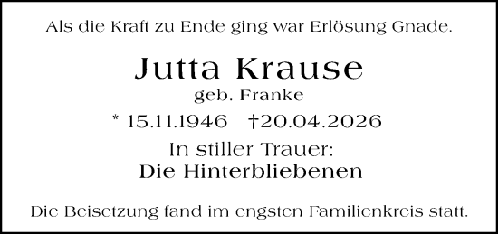 Traueranzeige von Jutta Krause von Wetzlarer Neue Zeitung