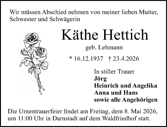 Traueranzeige von Käthe Hettich von Darmstädter Echo