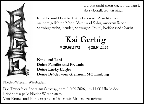 Traueranzeige von Kai Gerbig von Wiesbadener Kurier