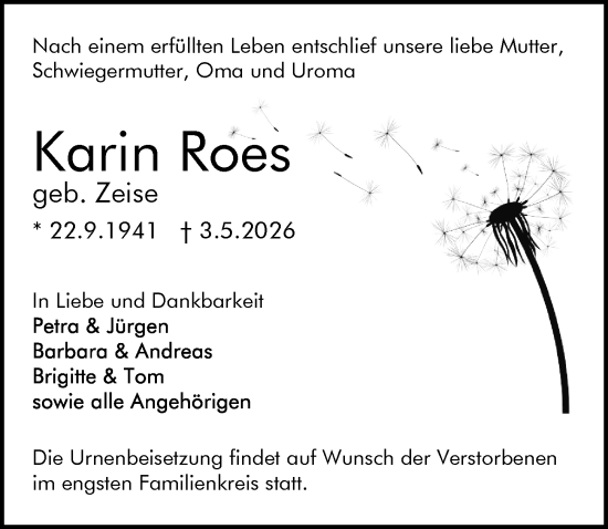 Traueranzeige von Karin Roes von Rüsselsheimer Echo