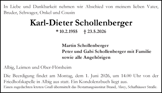 Traueranzeige von Karl-Dieter Schollenberger von Allgemeine Zeitung Alzey